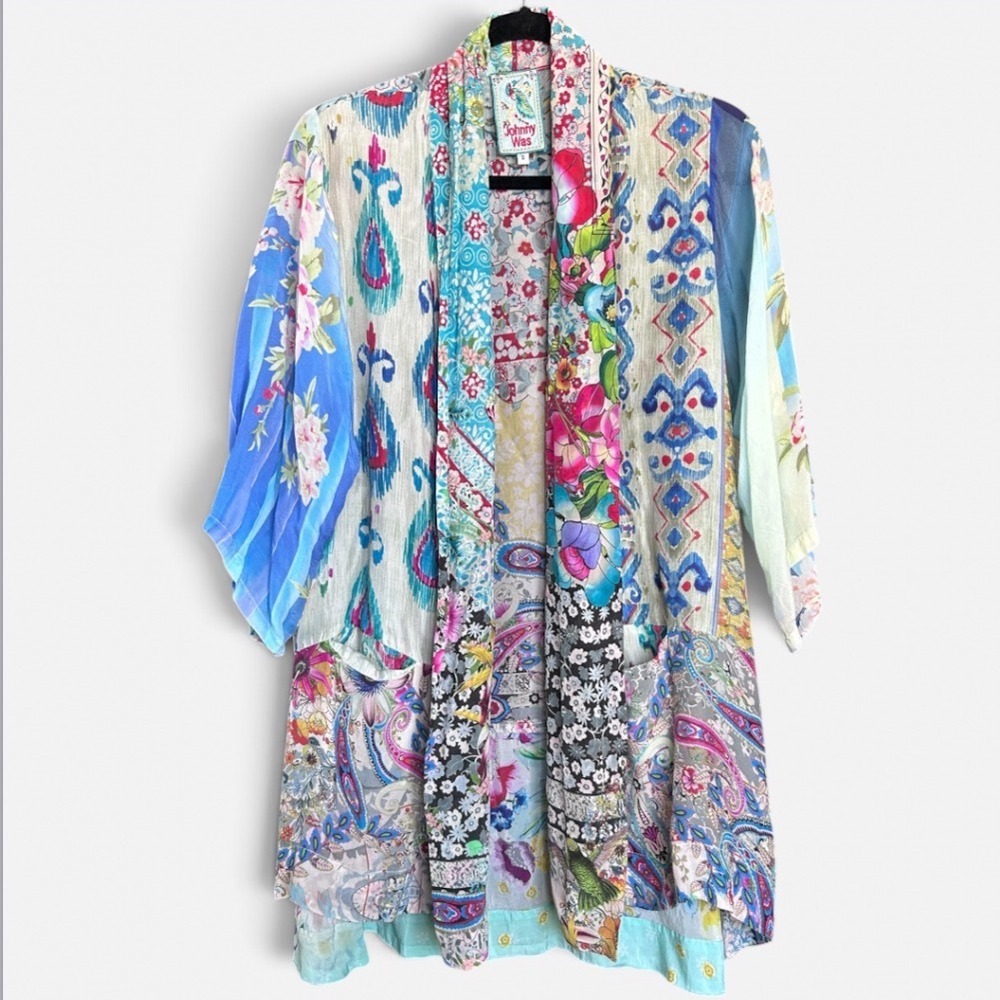 Johnny Was Silk Patchwork Kimono Duster Floral Paisley Open Front Multi Print S